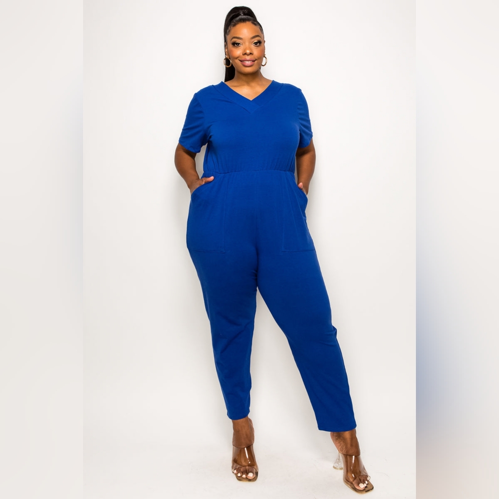 NEW NWT Livd Apparel Plus Size Royal Blue Gineva VNeck Posket Jumpsuit Sz 3XL